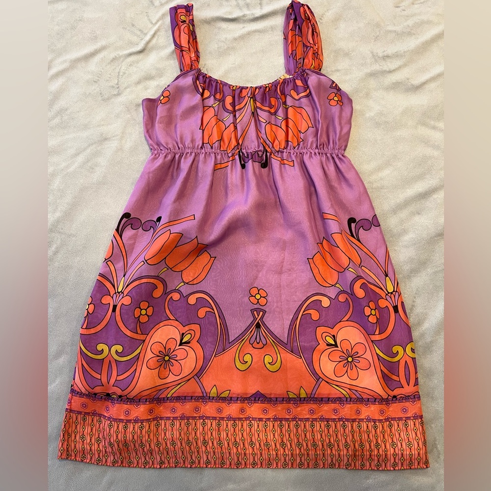 Hale Bob Lilac Mini Dress with Orange Floral Motif